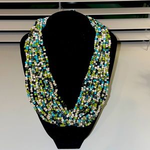 Draped Sundance Beaded Necklace- Blue & Cream